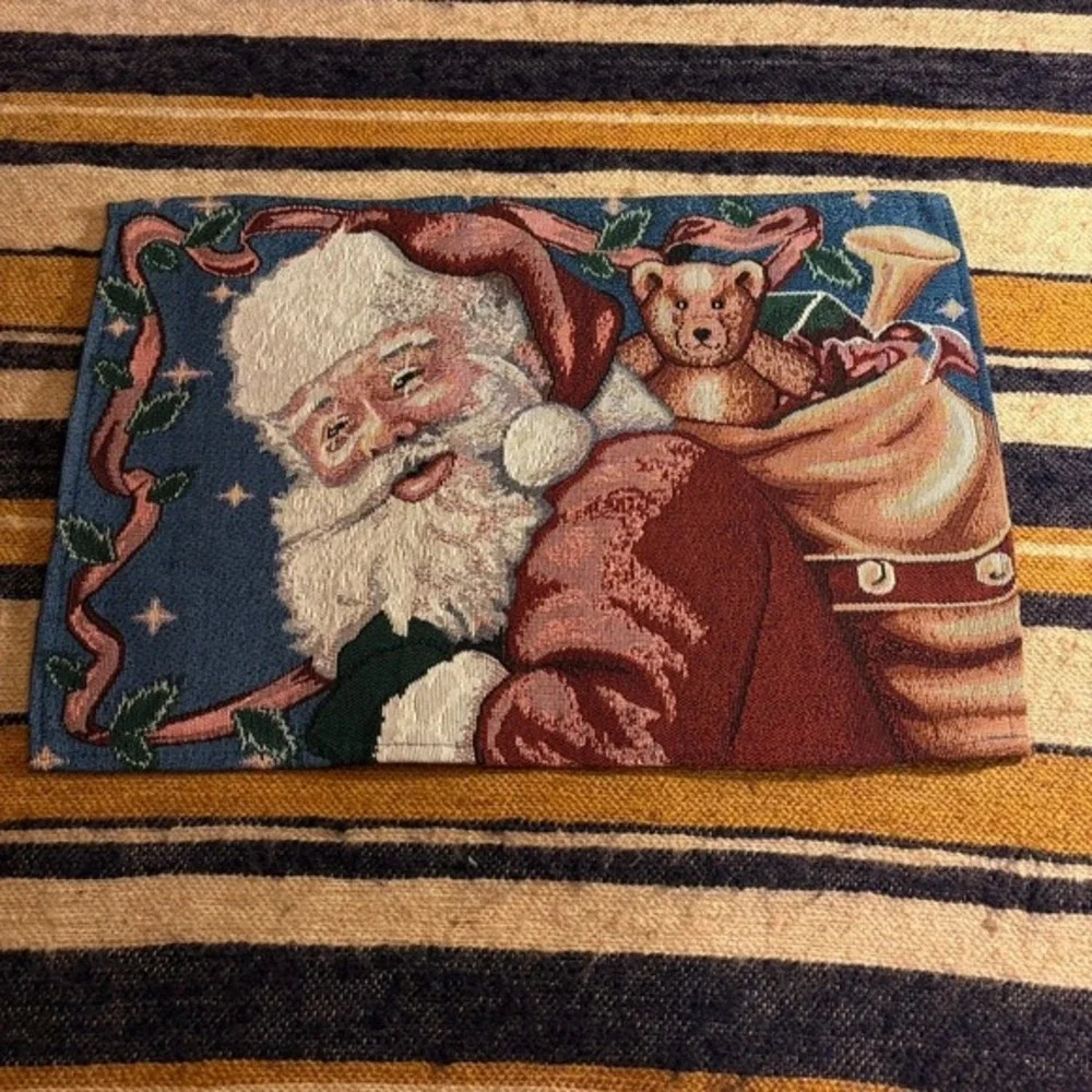Vintage Christmas Tapestry Placemats Set of 3 Santa Claus‎ Tree Stockings Woven